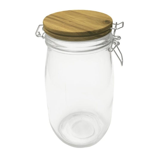 RECIPIENTE VIDRIO 1500ML TAPA MADERA/BROCHE D11XH22CM