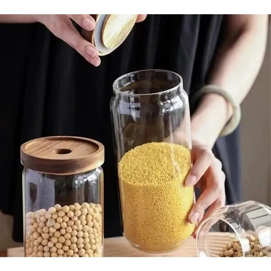 RECIPIENTE BOROSILICATO 400ML TAPA MADERA ACACIA D9XH10CM