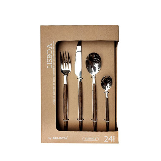 SET 24 PIEZAS CUBIERTOS MANGO MADERA ''LISBOA''