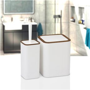 SET 2PCS BAÑO MINA PP/MADERA CUADRADO RAYAS BLANCO