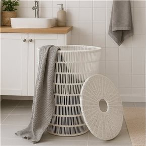 CESTO C/TAPA D42X56CM PLASTICO SIMIL RATAN BCO