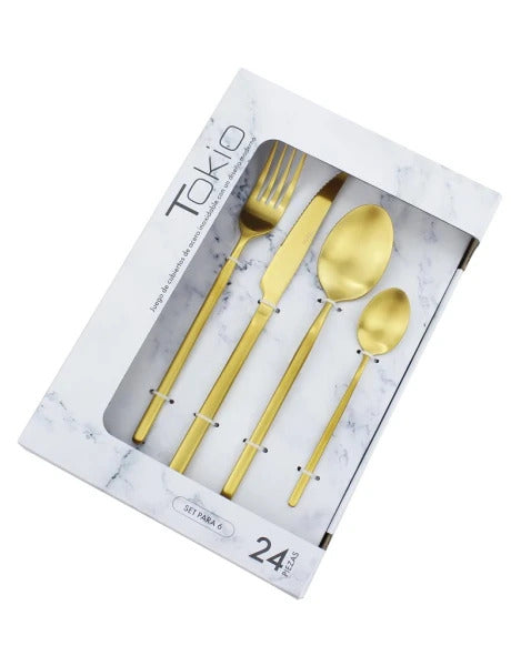SET 24 PIEZAS CUBIERTO ACERO INOXIDABLE GOLD TOKIO
