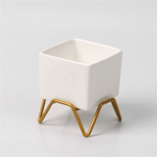 MACETA CERAMICA C/BASE 6x6x9CM BLANCO/DORADO