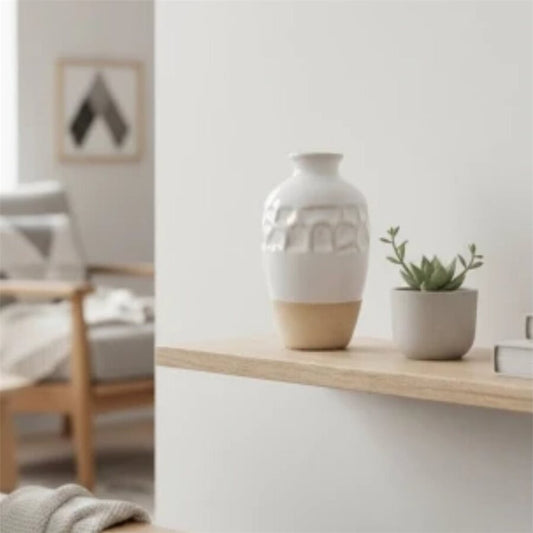 FLORERO JARRON 8.5x8.5x14.5CM CERAM BLANCO/NATURAL