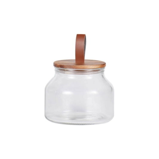RECIPIENTE VIDRIO 1.6L TAPA MADERA Y CUERO