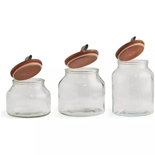 RECIPIENTE VIDRIO 1.6L TAPA MADERA Y CUERO