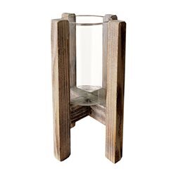 PORTAVELA DE VIDRIO 18x9CM BASE DE MADERA 28x15CM